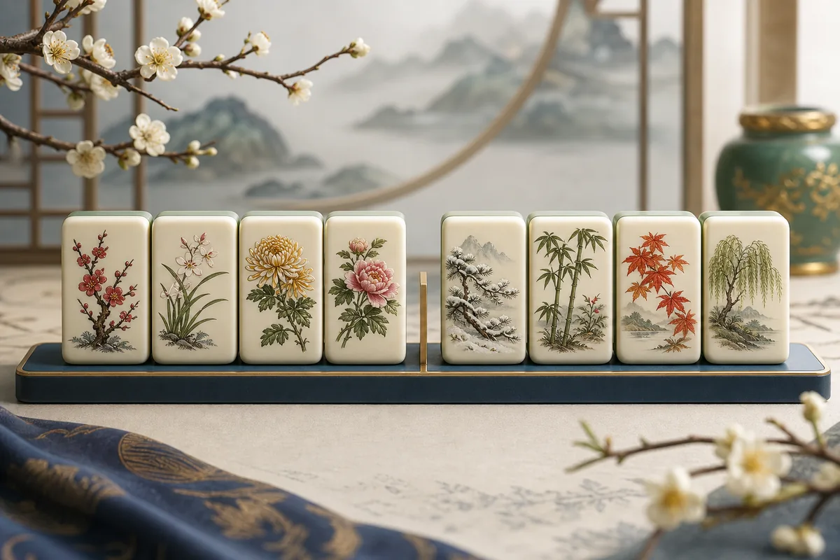 mahjong flower and season tiles arranged as two separate groups