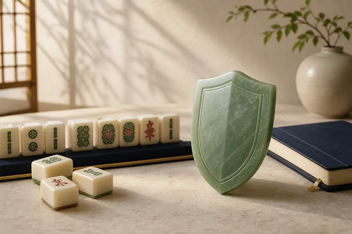 mahjong free privacy policy represented by a shield beside ivory tiles