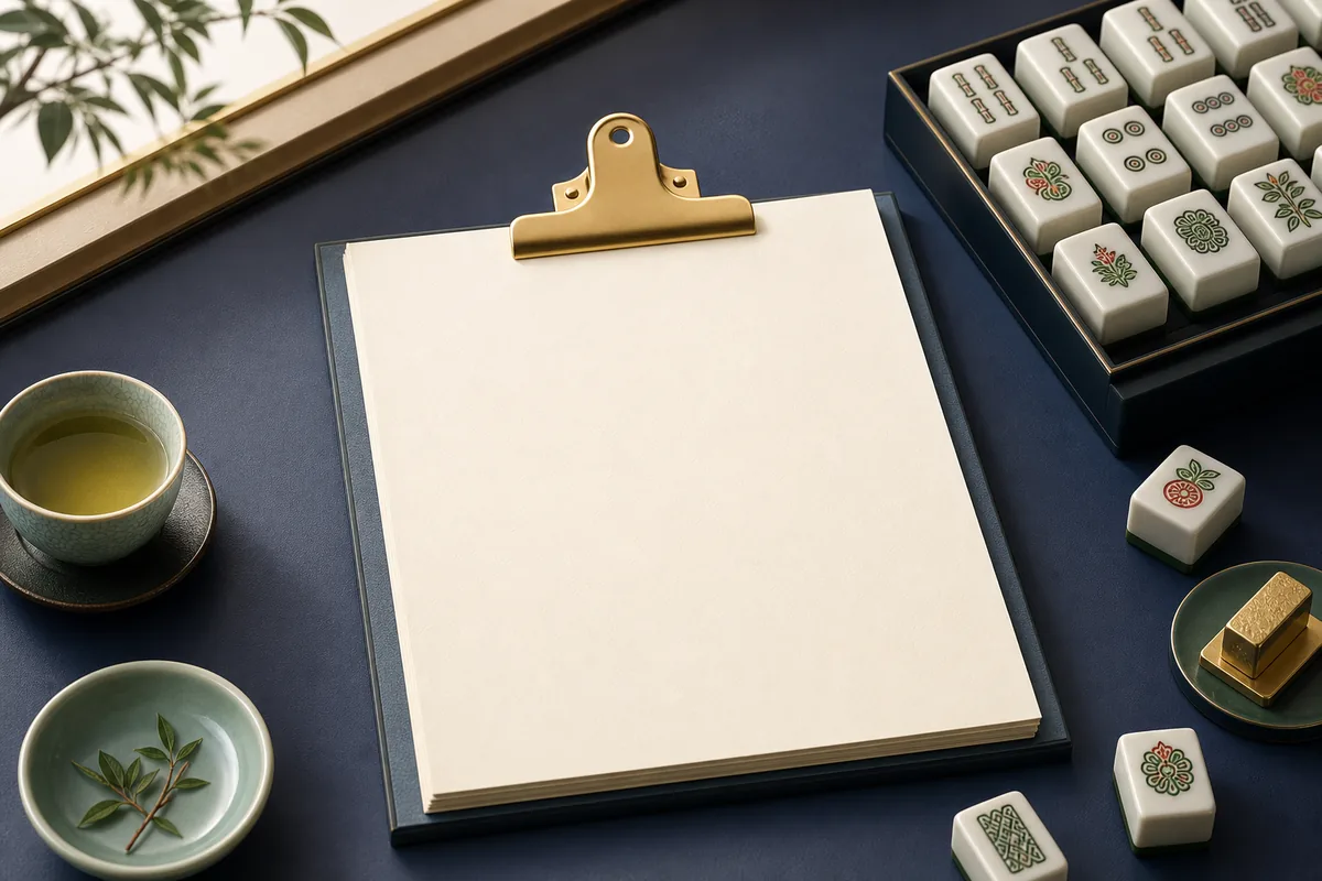 mahjong free terms of use displayed as a document beside tile pieces