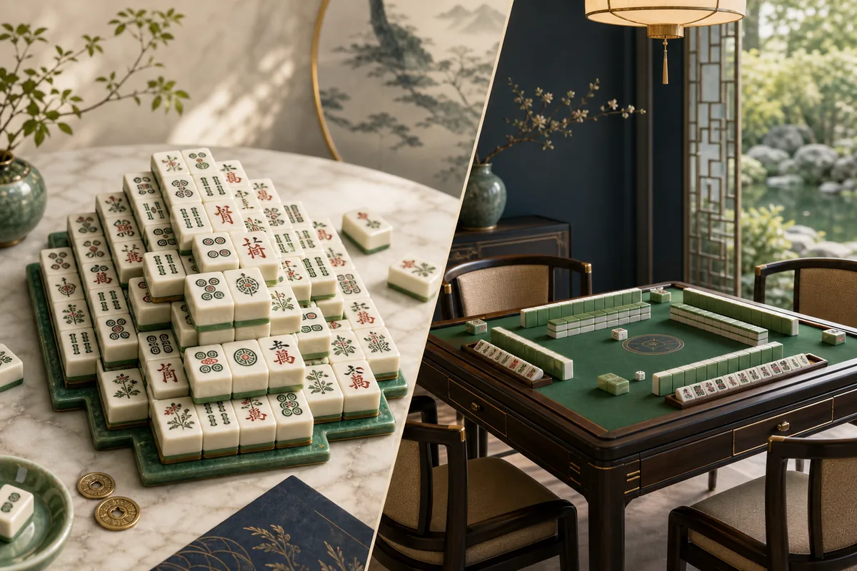 mahjong vs mahjong solitaire with a four-player table and solo layout