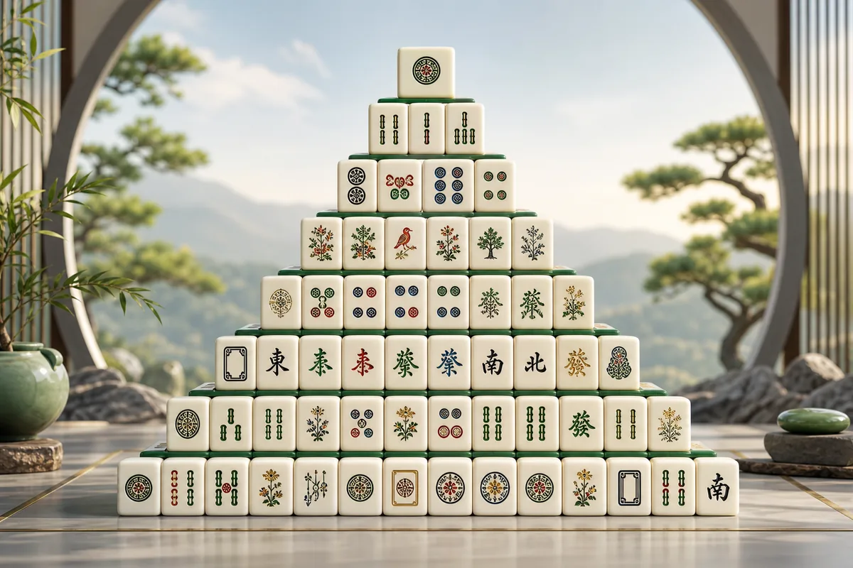 pyramid mahjong solitaire arranged in stepped ivory layers